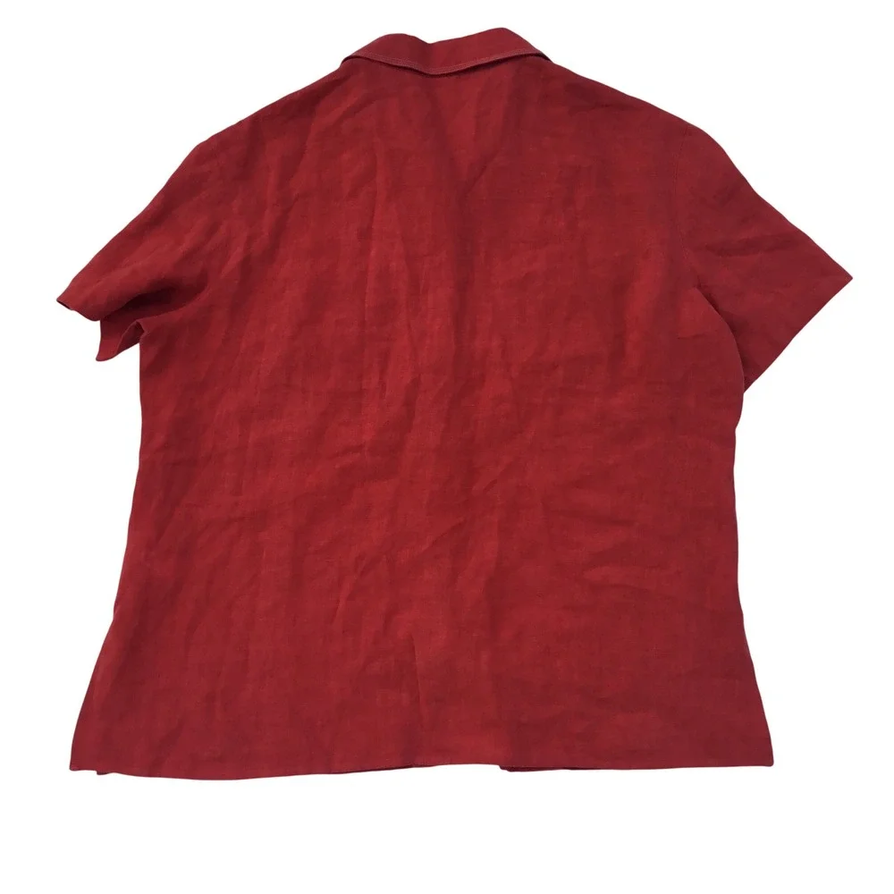 Burberry London Red 100% Linen Short Sleeve Button Down Shirt Nova Check Trim 46